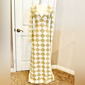 ADRIANA IGLESIAS Sparkling Gold White Harlequin Diamond Long Sleeve Dress - 38